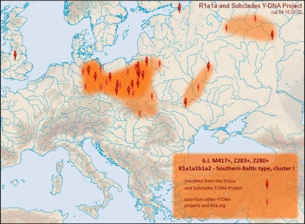 Мапа поширення балто-карпатської гілки чоловічої гаплогрупи R1a. Майже 19% галичан належать до цієї гілки гаплогрупи R1a. На землях східних слов'ян, на відміну від Галичини, гілка представлена тільки в регіонах варязької колонізації.